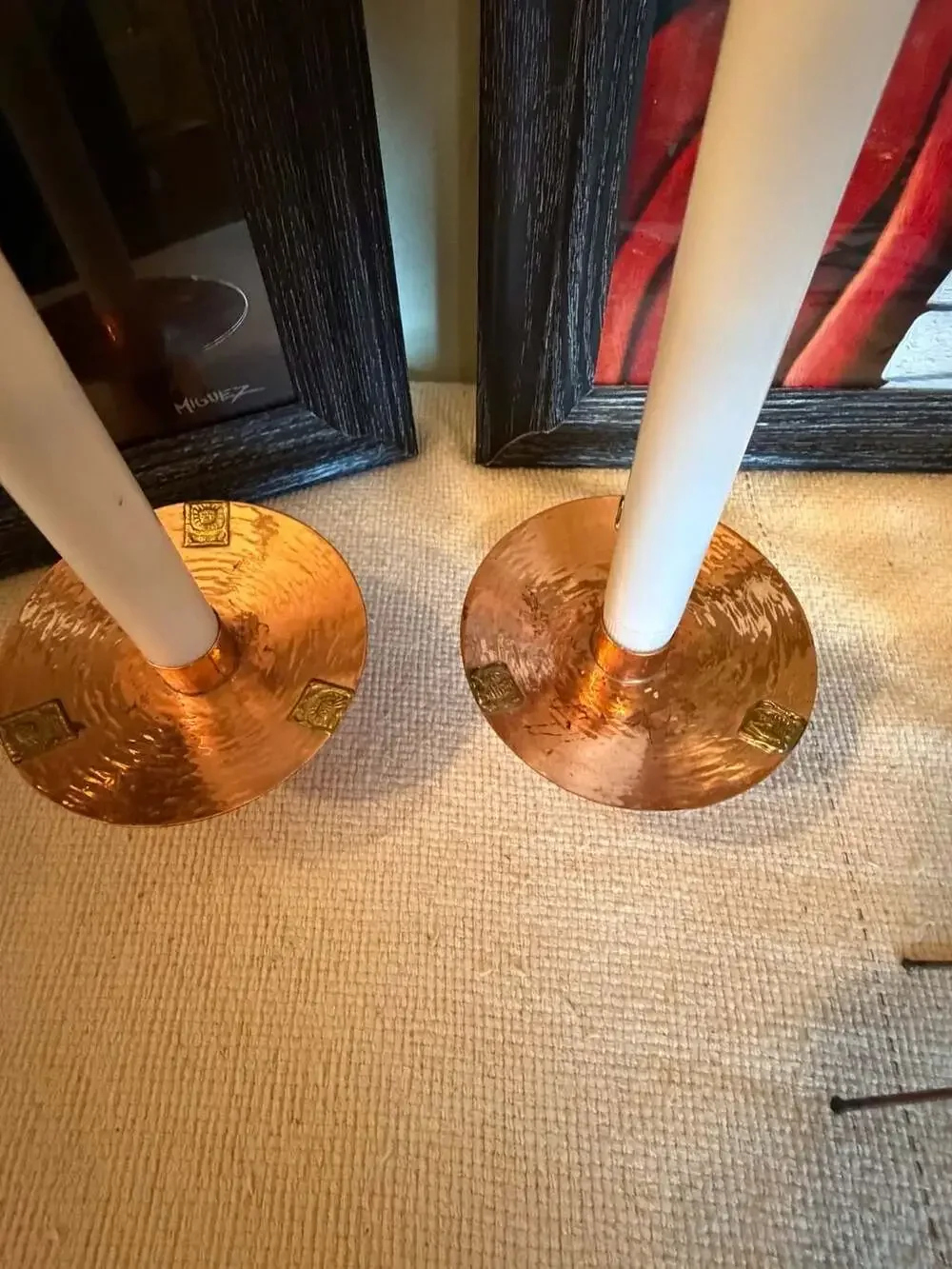 Vintage Hand-Hammered Copper Candlestick Holders with Flameless Taper Candles